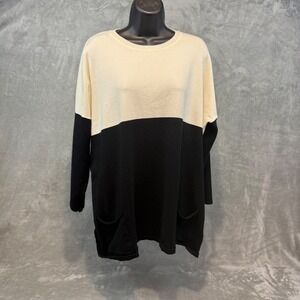 Chic Soul Womens 1XL Colorblock Sweater Black Cream Crew Neck Pockets Tunic
